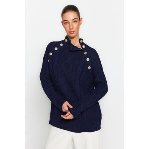 Trendyol Navy Blue Wide fit pletený sveter s detailom príslušenstva