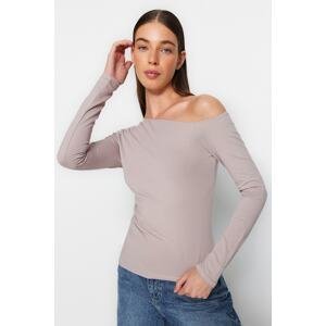 Trendyol Mink Boat Neck Off Shoulder Gathered Fitted Cotton Stretchy Knitted Blouse