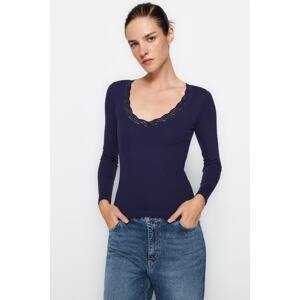 Trendyol Navy Blue V-Neck Lace Detailed Ribbed Fitted Cotton Stretchy Knitted Blouse