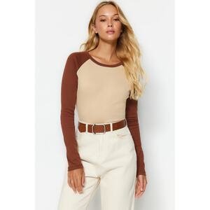 Trendyol Beige Raglan Sleeve Ribbed Fitted Crop Knitted T-Shirt