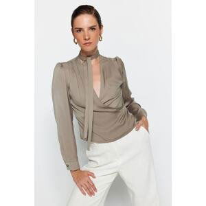 Trendyol Khaki Double Breasted Collar Detailed Satin Woven Blouse