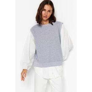 Trendyol Gray Melange Knitted Tunic with Woven Fabric Detailed Sleeves and Hem