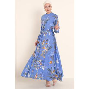 Bigdart 2144 Indigo Patterned Big Collar Hijab Dress