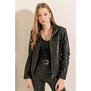 Bigdart Women's Black Stand-up Collar Faux Leather Coat 1024