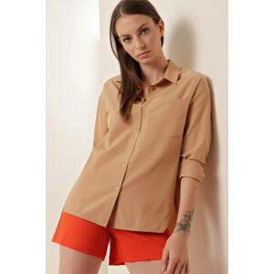 Bigdart 3952 Buttoned Back Boyfriend Shirt - Biscuit