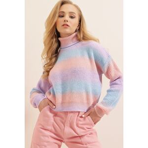 Bigdart Women's Pink Blue Turtleneck Gradient Colored Crop Sweater