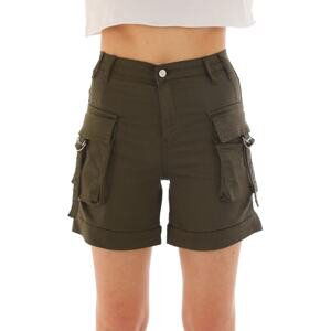 BİKELİFE Khaki High Waist Flexible Denim Shorts With Cargo Pocket.