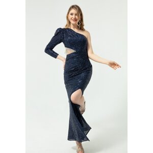 Lafaba Women's Navy Blue Single Sleeve Sequined and Stone Long Evening Dress