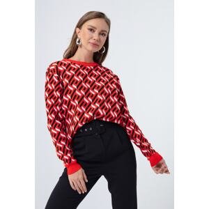 Lafaba Women's Red Crewneck Patterned Knitwear Sweater