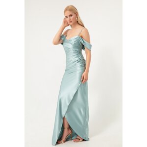 Lafaba Women's Turquoise Evening Dress with Thin Straps, Double Breasted Collar and Slits.