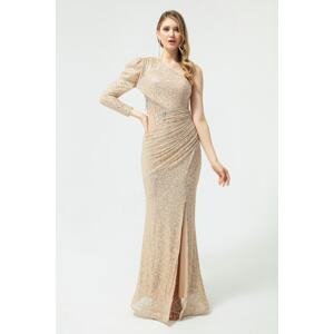 Lafaba Women's Beige Single Sleeve Sequined and Stone Long Evening Dress