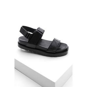 Marjin Women's Genuine Leather Daily Velcro Sandals Hifaz Black