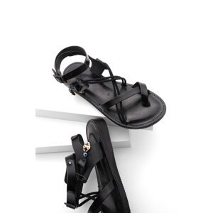 Marjin Women's Genuine Leather Accessoried Eva Sole With Crossed Threads Detail Daily Sandals Rivade Black.