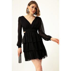 Lafaba Women's Black Frilled Decollete Mini Chiffon Evening Dress.