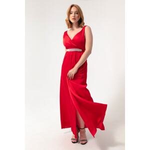 Lafaba Women's Red Double Breasted Collar Stone Belted Long Evening Dress
