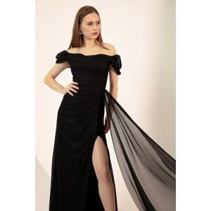 Lafaba Women's Black Boat Collar Draped Long Glittery Evening Dress with a Slit.