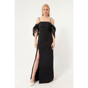 Lafaba Women's Black Princess Sleeve Bead Strap Organza Long Evening Dress