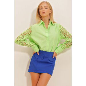 Trend Alaçatı Stili Women's Lime Green Guipure Woven Shirt