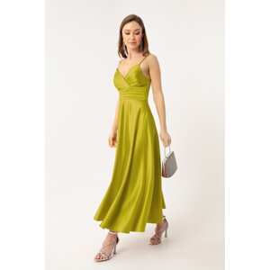 Lafaba Women's Pistachio Green Satin Midi Evening Dress &; Prom Dress with Rope Straps and Waist Belt.