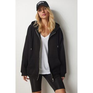 Happiness İstanbul Women's Black Hooded Zipper Oversize Sweatshirt