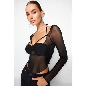 Trendyol Black Cut Out/Window Detailed Tulle Blouse