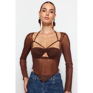 Trendyol Brown Cut Out/Window Detailed Tulle Blouse