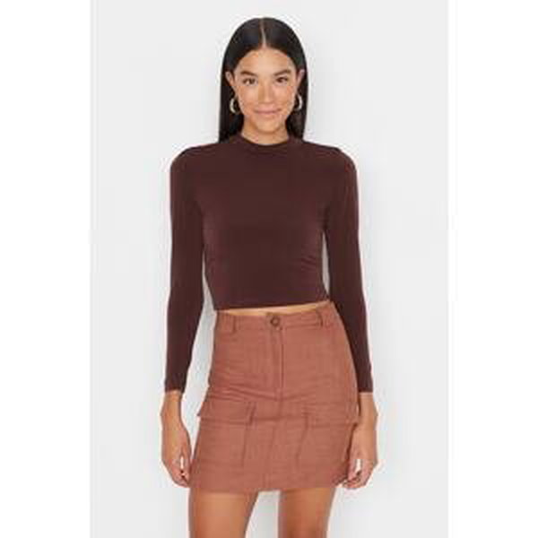 Trendyol Brown High Collar Fitted Long Sleeve Gathered Stretchy Knitted Blouse