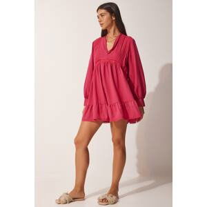 Happiness İstanbul Women's Dark Pink Guipure Detailed Tunic Dress