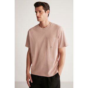 GRIMELANGE Leo Men's Regular Fit 100% Cotton Pink T-shirt with Pockets and Ornamental Label