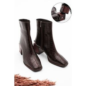 Marjin Women's Heeled Boots&booties Flat Toe Wooden Pattern Heels Zippered Daily Classic Boots Counts brown Croco
