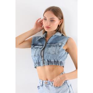 BİKELİFE Women's Blue Lycra Crop Denim Vest