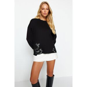 Trendyol Black Crew Neck Basic Thin, Appliqued Detailed Knitted Sweatshirt