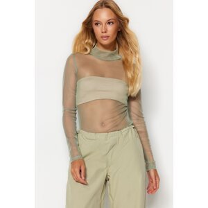 Trendyol Khaki Fitted High Collar Tulle Knitted Blouse