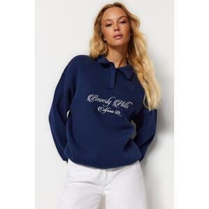 Trendyol Navy Blue Shirt Collar with Embroidery Regular Fit Knitted Sweatshirt with Fleece Inside