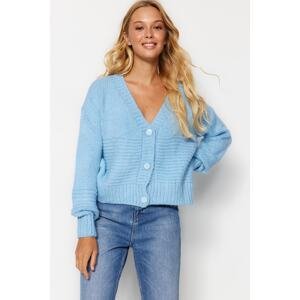 Trendyol Modrý mäkký textúrovaný vzorovaný sveter s výstrihom do V