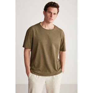 GRIMELANGE Davison Men's Open Collar Oversize Fit 100% Cotton Khaki T-shirt