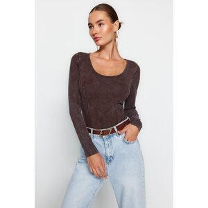 Trendyol Brown Aged/Faded Effect Cotton Long Sleeve Elastic Snaps Knitted Body