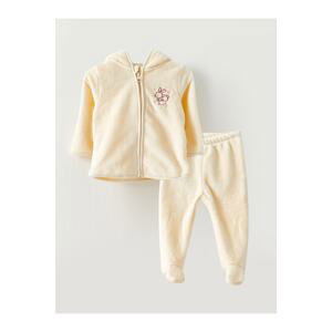 LC Waikiki With a Hooded Long Sleeve Plush Baby Girl Zippered Sweatshirt and Pants 2-Pair Set