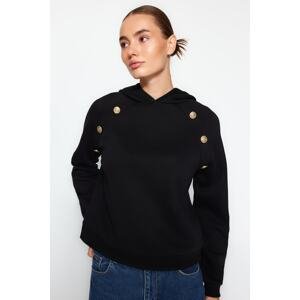 Trendyol Black Hoodie with Button Detail, Regular Fit, Fleece Inside Knitted Sweatshirt