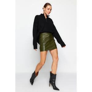 Trendyol Khaki Faux Leather Cargo Pocket High Waist Fitted Mini Knitted Skirt