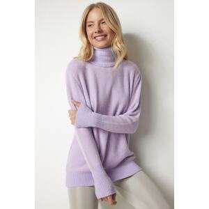 Šťastie İstanbul Dámsky fialový rolák mäkký textúrovaný pletený sveter