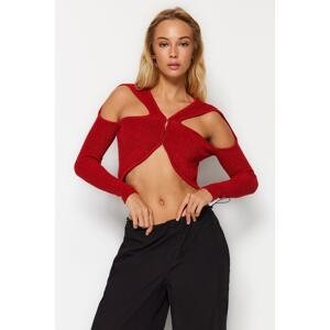 Trendyol červený trblietavý výrez von/detailný pletený sveter