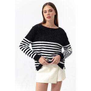 Lafaba Women's Black Crew Neck Striped Knitwear Sweater