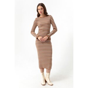 Lafaba Women's Striped Knitwear Suit With A tan Skirt