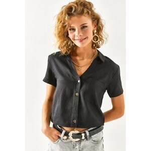Olalook Women's Black V-Neck Linen Shirt with 4 Buttons and Pockets