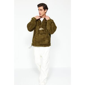 Trendyol Khaki Men's Oversize/Wide-Fit Zippered Hoody, Embroidered Mountains with Pockets, Thick Fleece/Plush Sweatshirt.