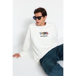 Trendyol Men's Ecru Oversize/Wide-Cut Olympic Embroidery and Printed Fleece Sweatshirt.
