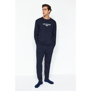 Trendyol Men's Navy Regular Fit Printed Knitted Pajamas Set