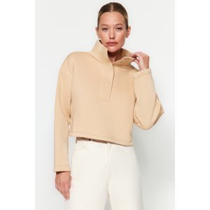 Trendyol Mink Relaxed-Cut Crop Stand-Up Collar Snap Fastener Thick Fleece Knitted Sweatshirt