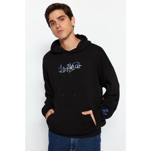 Trendyol Black Oversize/Wide-Fit Letter Embroidered Hooded Sweatshirt